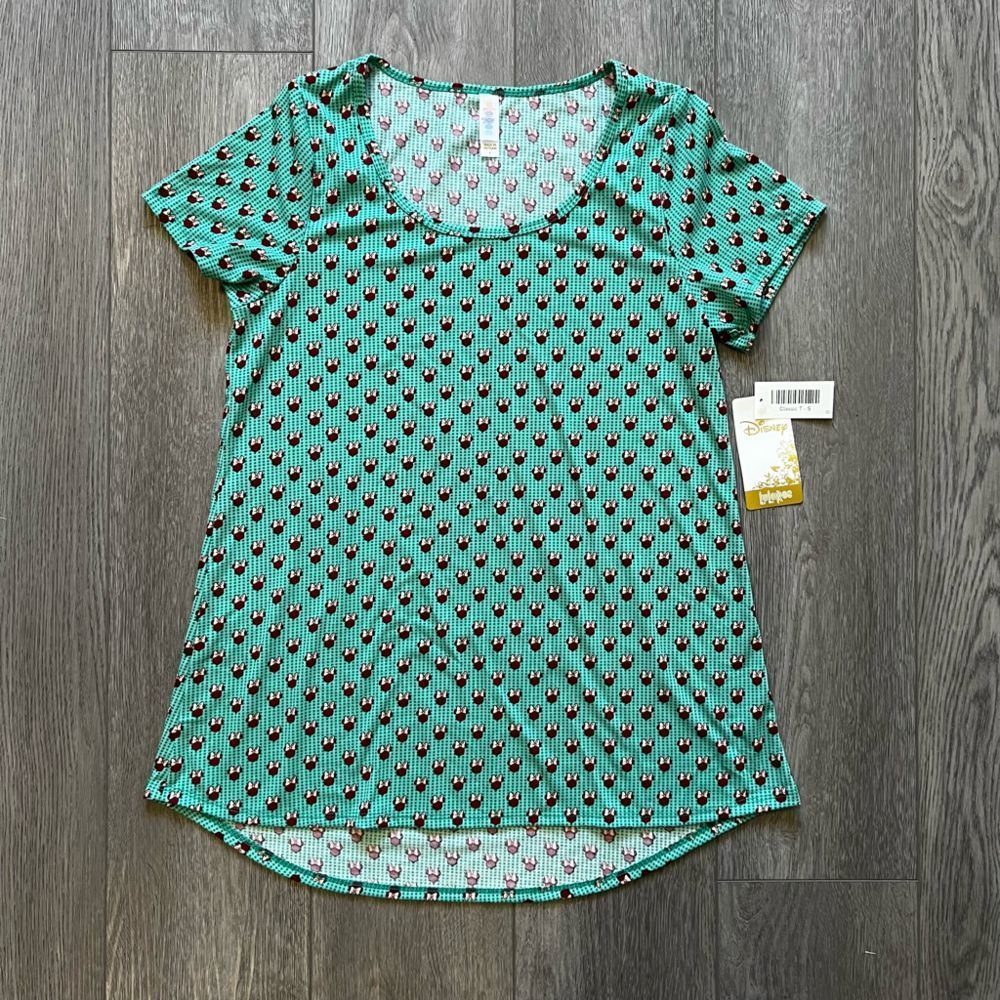NWT LuLaRoe Disney Minnie Mouse Print Classic T Shirt Green Maroon Size Small